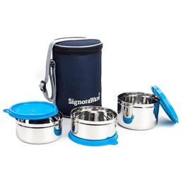 Signoraware Executive Stainless Steel Lunch Box Set 3 with bag | Stainless-Steel Leak-Proof Containers | Full Meal Boxes (Container Size 350mlx2 | 500mlx1 | Blue)