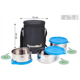 Signoraware Executive Stainless Steel Lunch Box Set 3 with bag | Stainless-Steel Leak-Proof Containers | Full Meal Boxes (Container Size 350mlx2 | 500mlx1 | Blue)