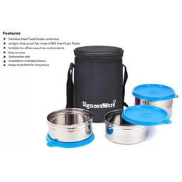 Signoraware Executive Stainless Steel Lunch Box Set 3 with bag | Stainless-Steel Leak-Proof Containers | Full Meal Boxes (Container Size 350mlx2 | 500mlx1 | Blue)
