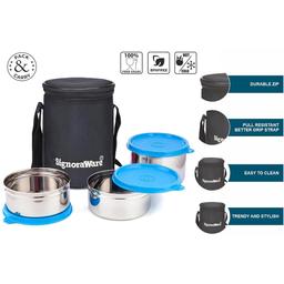 Signoraware Executive Stainless Steel Lunch Box Set 3 with bag | Stainless-Steel Leak-Proof Containers | Full Meal Boxes (Container Size 350mlx2 | 500mlx1 | Blue)