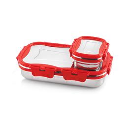 CELLO Click It Stainless Steel Lunch Pack, Red, 925ml | Stainless Steel Lunch Box with Veg Box | Lunch Box with Snap Lock | Perfect for School, College & Office