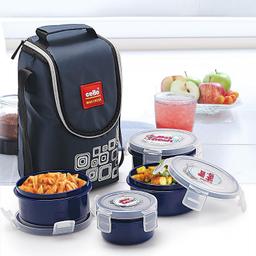 CELLO Max Fresh Click Polypropylene Leakproof Lunch Box Set with Bag, 4 Containers - 300ml x 3 & 140ml, Dark Blue