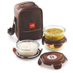 CELLO Maxfresh Glassy Glass Lunch Box Set of 3 Containers, 400ml Each, Brown | Microwavable Borosilicate Glass | Leak Proof Design | Ideal for College, Travel, Office