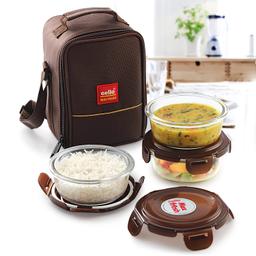 CELLO Maxfresh Glassy Glass Lunch Box Set of 3 Containers, 400ml Each, Brown | Microwavable Borosilicate Glass | Leak Proof Design | Ideal for College, Travel, Office