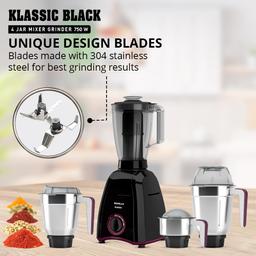 Havells Klassic 750 Watt 4 Jar Mixer Grinder, 21000 RPM Heavy Duty Universal Motor, 304 SS Blades- Black