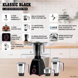 Havells Klassic 750 Watt 4 Jar Mixer Grinder, 21000 RPM Heavy Duty Universal Motor, 304 SS Blades- Black