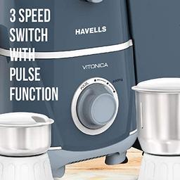 Havells Vitonica 500W Juicer Mixer Grinder with 3 Stainless Steel Jar, Large Size Pulp Container,(White & Blue)