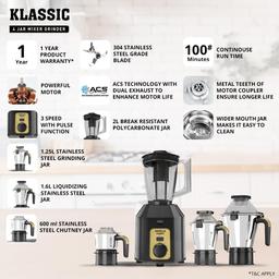 Havells Klassic 1000 watts 4 Jar Mixer Grinder I 2.5 Kg Double Ball Bearing Copper Motor & Polycarbonate Jar, Lids with Lock (Grey)