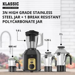 Havells Klassic 1000 watts 4 Jar Mixer Grinder I 2.5 Kg Double Ball Bearing Copper Motor & Polycarbonate Jar, Lids with Lock (Grey)