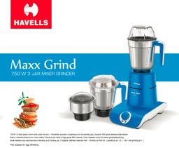 Havells Maxx Grind 750 watt Mixer Grinder with 3 Wider Mouth Stainless Steel Jar,(Blue).