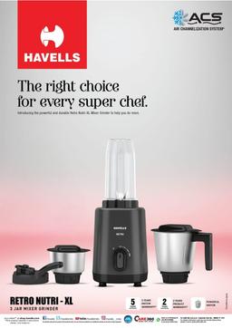 Havells Retro Nutri-Xl 500 Watts 3 Jar Mixer Grinder & Slipper Lid(Black)