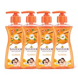 Santoor Classic Gentle Hand Wash Pump with Natural Goodness of Sandalwood & Tulsi| Rich Lathering Formula With Anti-Bacterial Properties| Soft on Hands| Soothes & Hydrates Skin (200ml, Pack of 4)