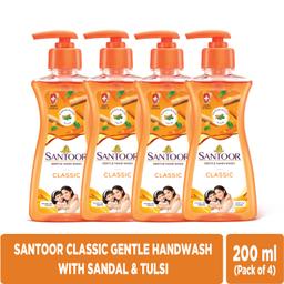Santoor Classic Gentle Hand Wash Pump with Natural Goodness of Sandalwood & Tulsi| Rich Lathering Formula With Anti-Bacterial Properties| Soft on Hands| Soothes & Hydrates Skin (200ml, Pack of 4)
