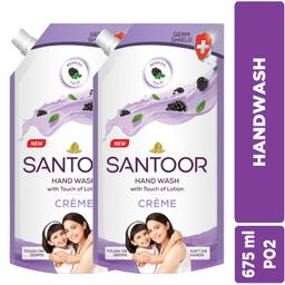 Santoor Crème Handwash with Touch of Lotion| Made with Berries & Tulsi| Rich Lathering Formula with Anti-Bacterial Properties| Soft on Hands| Soothes & Hydrates Skin (675ml, Pack of 2)