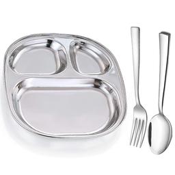 N -DURAA Silver Plain 3 Compartment Stainless Steel Plate, For Kitchen Silver Spoon Fork,