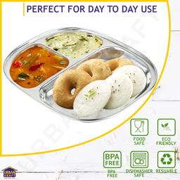 N -DURAA Silver Plain 3 Compartment Stainless Steel Plate, For Kitchen Silver Spoon Fork,