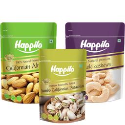 Happilo Dry Fruit Combo (Pack of 3) Whole Cashews, 200gm , California Almonds 200gm, California Roasted & Salted Pistachios 200gm