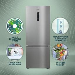 Haier 325 L, 3 Star, Convertible 14-in-1 Triple Inverter & Fan Motor Technology, with Display Frost Free Double Door Bottom Mount Refrigerator (HEB-333DS-P, Dazzle Steel,