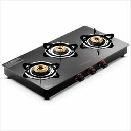 Butterfly Rapid 3 Burner Glass Top Gas Stove | Auto Ignition | Scratch Resistant Toughened Glass | Brass Burners | Skid-proof Legs (Black)