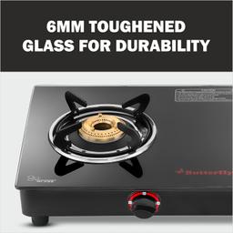 Butterfly Rapid 3 Burner Glass Top Gas Stove | Auto Ignition | Scratch Resistant Toughened Glass | Brass Burners | Skid-proof Legs (Black)