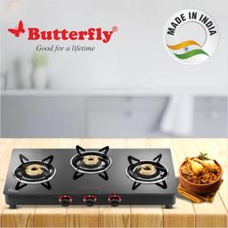 Butterfly Rapid 3 Burner Glass Top Gas Stove | Auto Ignition | Scratch Resistant Toughened Glass | Brass Burners | Skid-proof Legs (Black)