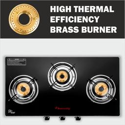 Butterfly Rapid 3 Burner Glass Top Gas Stove | Auto Ignition | Scratch Resistant Toughened Glass | Brass Burners | Skid-proof Legs (Black)