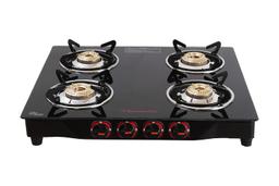 Butterfly Smart 4 Burner Glass Top Gas Stove | Manual Ignition | Scratch Resistant Toughened Glass | Brass Burners | Skid-proof Legs (Black)