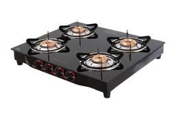 Butterfly Smart 4 Burner Glass Top Gas Stove | Manual Ignition | Scratch Resistant Toughened Glass | Brass Burners | Skid-proof Legs (Black)