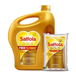 Saffola Gold Refined Cooking oil | Blended of Rice Bran & Sunflower oil | 5 Litre Jar + Free 1 Litre Pouch