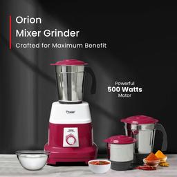 Prestige 500 Watts Orion Mixer Grinder with 3 Stainless Steel Jars |2 years warranty| Red & White