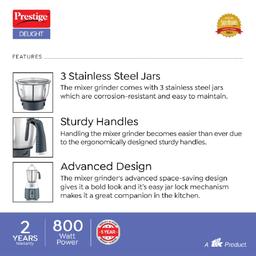 Prestige Delight Mixer Grinder 750 W (With 3 Stainless Steel Jars)