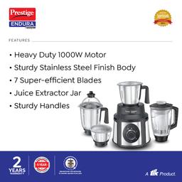 Prestige Endura 1000W Mixer Grinder with Ball Bearing Technology(Stainless Steel 4 Jars, Black & Silver)