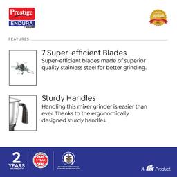 Prestige Endura 1000W Mixer Grinder with Ball Bearing Technology(Stainless Steel 4 Jars, Black & Silver)