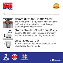 Prestige Endura 1000W Mixer Grinder with Ball Bearing Technology(Stainless Steel 4 Jars, Black & Silver)