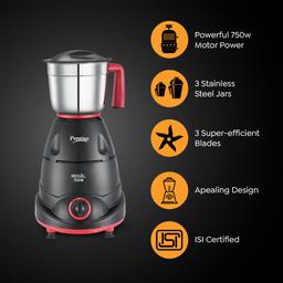 Prestige Regal 750W Mixer Grinder with 3 stainless-steel Jars | Black and Red