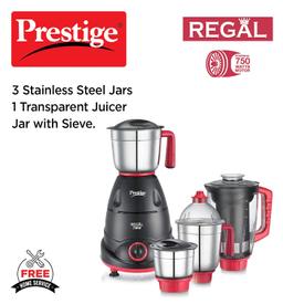 Prestige Regal Mixer Grinder, 750W, 3 Stainless Steel Jar + 1 Juicer Jar, Multi-Color, Medium