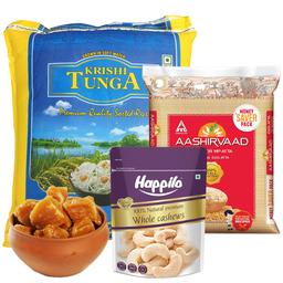 Krishi Tunga Rice - 10 kg + Aashirvaad Atta - 5 kg + Pure Organic Jaggery - 2 kg + Happilo Cashews - 500 gms