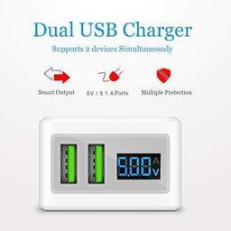 IVON Quick Charger Adapter with Digital Display, Dual USB Port 5V/3.1A USB Ports, Compact Power Adapter, Travel USB Charger for All Mobile Phones, Tablets (White)