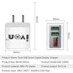 IVON Quick Charger Adapter with Digital Display, Dual USB Port 5V/3.1A USB Ports, Compact Power Adapter, Travel USB Charger for All Mobile Phones, Tablets (White)