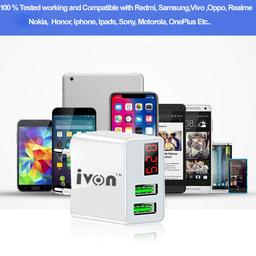 IVON Quick Charger Adapter with Digital Display, Dual USB Port 5V/3.1A USB Ports, Compact Power Adapter, Travel USB Charger for All Mobile Phones, Tablets (White)