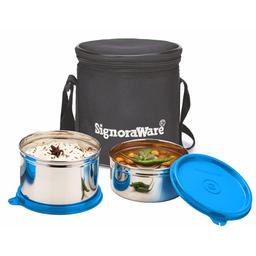 Signoraware Executive Stainless Steel Lunch Box Set 2 with bag | Stainless-Steel Leak-Proof Containers | Full Meal Boxes (Container Size 350mlx1 | 500mlx1)