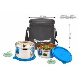 Signoraware Executive Stainless Steel Lunch Box Set 2 with bag | Stainless-Steel Leak-Proof Containers | Full Meal Boxes (Container Size 350mlx1 | 500mlx1)