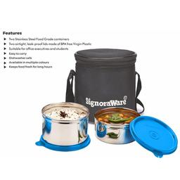 Signoraware Executive Stainless Steel Lunch Box Set 2 with bag | Stainless-Steel Leak-Proof Containers | Full Meal Boxes (Container Size 350mlx1 | 500mlx1)