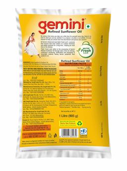Gemini Refined Sunflower Oil Pouch, 1L