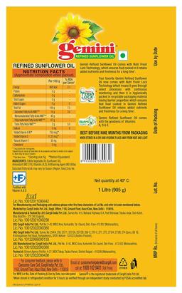 Gemini Refined Sunflower Oil Pouch, 1L