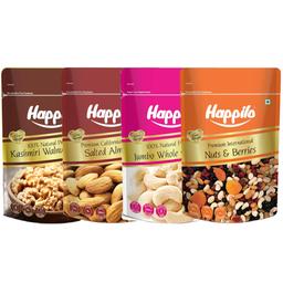 Happilo Premium Dry Fruits Combo (Pack of 4) Kashmiri Walnut 200 g Almonds Salted 200 g Whole Cashews, 200 g Dried Nuts and Berries Mix 200g