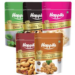 Happilo Premium Dry Fruits Combo (Pack of 5) Dried Kiwi - 200 gms , Healthy Nutmix,- 200gms, King Size Whole Cashew Nuts -  200gms , Roasted Salted Almonds - 200gms, California Inshell Walnut - 200 gms
