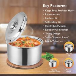 SignoraWare 1000ml Hot Delight Double Wall Stainless Steel Belly Shape Casserole, Insulated Thermal Serving Bowl, Elegant Hot Pot Food Warmer, Self Locking Press Lid, Hot Food Upto 8 Hour (Silver)