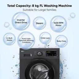 LG 8 Kg 5 Star Inverter Direct Drive Touch Panel Fully Automatic Front Load Washing Machine (FHM1408BDM, Steam for Hygiene, In-Built Heater, 6 Motion DD, Middle Black)