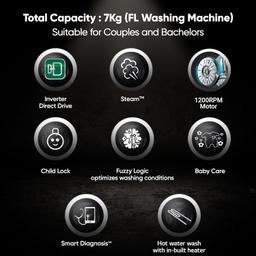 LG 7 Kg 5 Star Inverter Touch Control Fully-Automatic Front Load Washing Machine with in-built Heater (FHM1207SDL, Silver, 6 Motion Direct Drive & Steam)